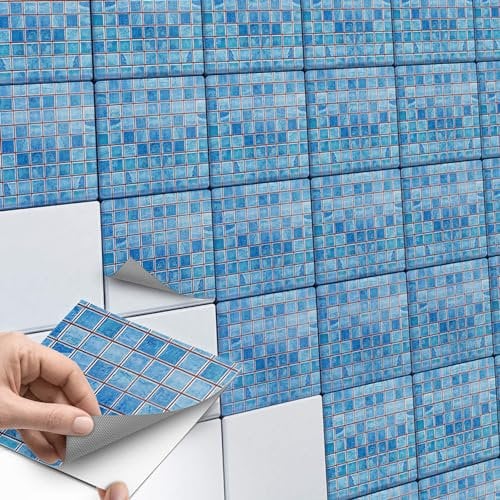 Aufkleber für Fliesen I Fliesensticker Vinyl Mosaikfliesen I Selbstklebende Dekorfolie zur Wandgestaltung von Bad u. Küchenfliesen - Fliesenmuster I 15x15 cm - Motiv Mosaik Blau - 18 Stück