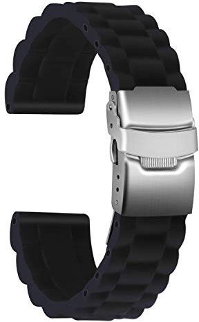 ULLCHRO Unisex Kautschuk Armband mit Edelstahl Silber Faltschließe 16mm Schwarz