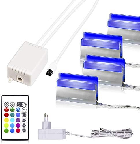 DREETINO Glasbodenbeleuchtung, Vitrinenbeleuchtung 4er Set Glaskantenbeleuchtung Clip RGB LED Farbwechsel Schrankbeleuchtung, Möbelbeleuchtung Vitrine Beleuchtung-MEHRWEG