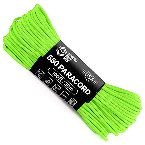 Atwood Rope MFG 550 Paracord 100 Feet 7-Strand Core Nylon Parachute Cord Outside Survival Gear Made in USA | Lanyards, Bracelets, Handle Wraps, Keychain (Neon Green)