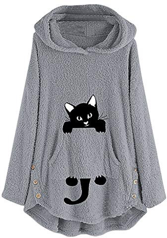 YEBIRAL Damen Winter Teddy-Fleece Kapuzenpullover Hoodie Pullover Langarm Katzen Tasche Plüschmantel Lässig Mode Bequem Sweatshirt Mit Kapuze(5XL,Grau)