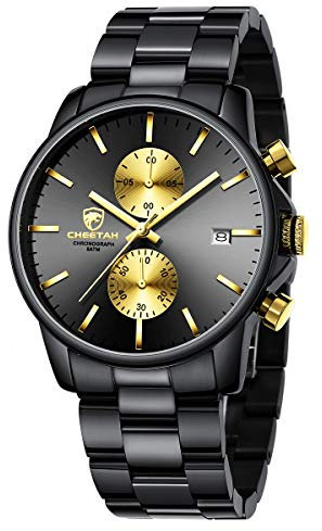 GOLDEN HOUR Herrenuhren mit lässiger wasserdichter Chronographen-Quarzuhr aus Edelstahl und Metall, Auto Date in Goldzeigern