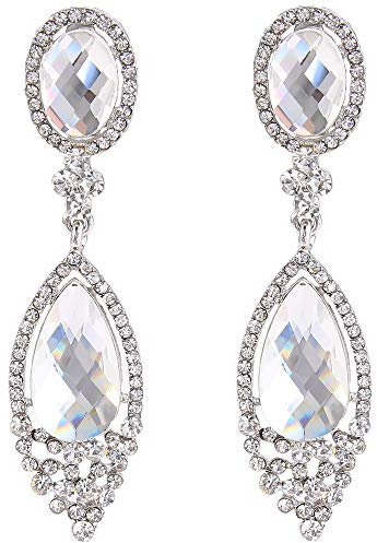 Clearine Ohrclips lang Damen Hochzeit Party Kristall Tropfen Chandelier Dangle Ohr Clips on Damen Ohne Ohrlöcher Silber-Ton Klar
