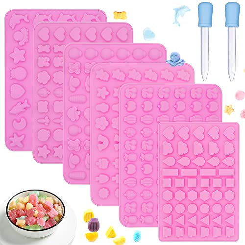 PUDSIRN - Moldes de silicona para cubitos de hielo con 2 cuentagotas antiadherentes para gelatina, incluye frutas, animales y formas de corazón, 6 unidades