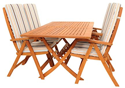 Rattanland | Bradford 160 Gartenmöbel-Set mit 4 Calgary-Stühlen (FSC-zertifiziertes Holz) (gestreifte Kissen Premium)