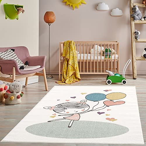 payé Teppich Kinderzimmer - Cream - 140x200cm - Spielteppich Luftballon Herz fröhliches Mädchen Kurzflor Kinderteppich - Oeko-Tex Standard 100