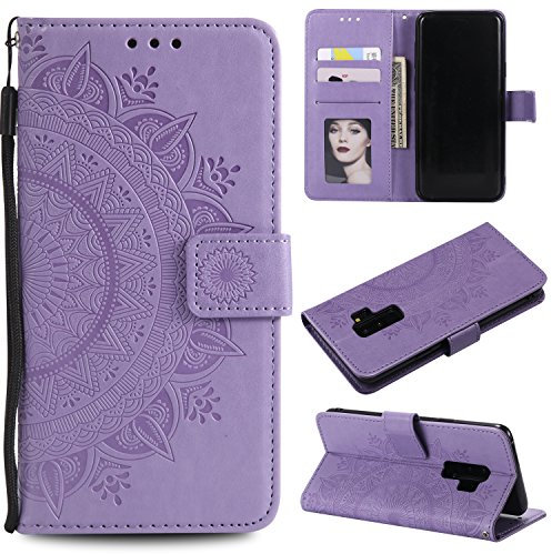 EYZUTAK Mandala Handyhülle für Samsung Galaxy S9 Plus,Ultra Slim Flip Case mit Kartensteckplatz Magnetverschluss,Prägung PU Leder Klapphülle, Hülle mit Standfunction und Lanyard,Klappbar Motiv-Lila