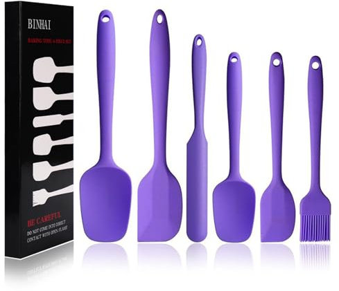 BINHAI Juego de espátulas de silicona de – Púrpura 6 piezas de espátula de goma antiadherente con núcleo de acero inoxidable Espátula resistente al calor utensilios de cocina para