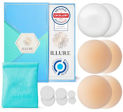 ILLURE® Nippelpads – Damen Nipple Cover [2 Paar] mit Brustwarzenschutz - Nipple Pads wiederverwendbar & waschbar - dünne Selbstklebende Brustwarzen Nippelabdeckung aus hypoallergenem Silikon [8 cm]
