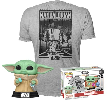 Funko Pop! & Tee: Mando - Grogu with Cookie (The Child, Baby Yoda) mit Cookie - Small - (S) - Star Wars The Mandalorian - T-Shirt - Kleidung mit Vinyl-Sammelfigur - Geschenkidee Für Erwachsene Männer