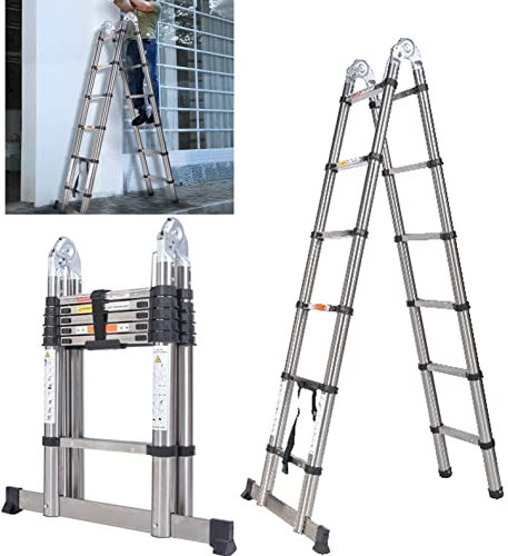 Stainless Steel Ladder A-Frame Attic Ladder Extension Ladder with Non-Slip Feet Telescopic Ladder Heavy Duty 3.8m Ladder for Indoor Outdoor Use Portable Folding Multifunctional Ladder(1.9m+1.9m)
