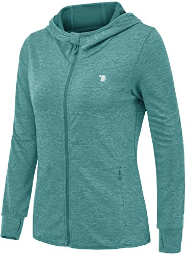 donhobo Women's Running Jackets with Thumb Hole,Long Sleeve Gym Sport Zip Up Hoodie Top Breathable Quick-Dry Tops with Zip Side Pocket Light Green M