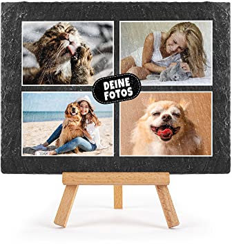 PR Print Royal Schieferplatte selbst gestalten - Foto-Collage mit 4 Fotos bedrucken - Geschenk für Freunde, Familie I Personalisiertes Foto-Geschenk - Schiefertafel mit Staffelei, 15 x 20 cm