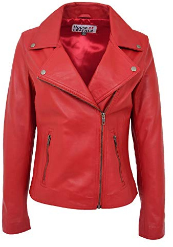Womens Real Leather Biker Jacket Cross Zip Style Lola (18, Red)