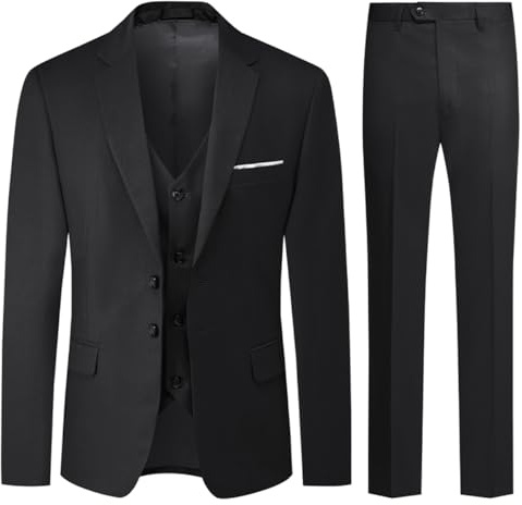 Allthemen Herr 3-delad kostym 2 knappar blazer väst byxa, Svart, M