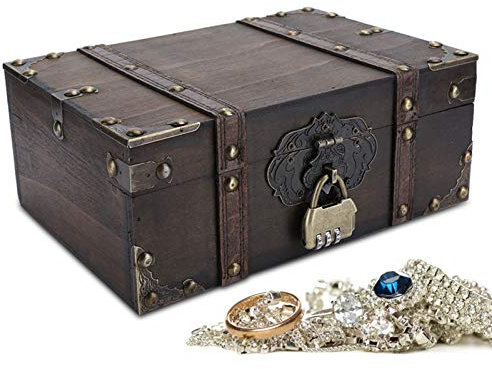 Coffre au Trésor en Bois Vintage, Coffre de Pirate Boîte de rangement avec Cadenas Boîte décorative faite à la main pour ranger des colliers des boucles doreilles des bagues gris