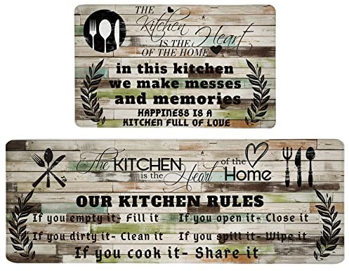 Alfombrillas de cocina antifatiga para piso, alfombras de cocina, estilo granja, espuma viscoelástica, acolchadas, de cuero PVC, 6.8 x 28 + 17.3 x 47 pulgadas