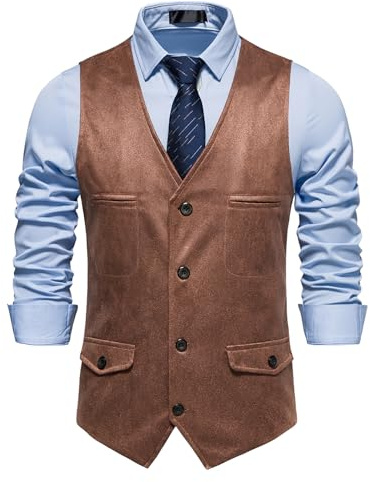 MakingDa Cowboy Waistcoat Men Casual Vintage Suede Western Vest V Neck Faux Leather Waist Coat