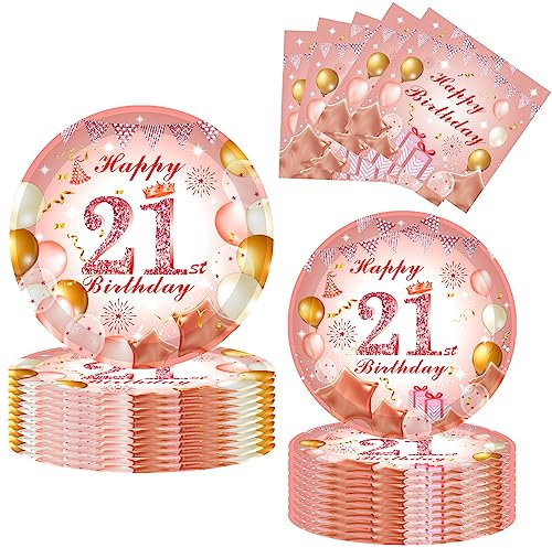 52Pcs 21st Paper Plates and Napkins Rose Gold,16 Guests Pink and Gold 21st Birthday Party Tableware Paper Plates and Napkins Set for Women 21st Birthday Gifts,Birthday Party Decorations Supplies