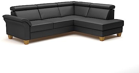 CAVADORE Leder-Schlafsofa Ammerland mit Ottomane / Landhaus-Sofa mit Federkern, Bett, Bettkasten + Kopfteilverstellung / 245 x 84 x 194 / Leder Schwarz