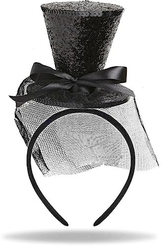 Hatstar Glitzer Mini Zylinder Haarreif | Damen Stirnband | Herren Party Hut | Haarrschmuck mit Schleife & Schleier | Accessoire für Halloween, Karneval & Fasching | Silvester Neujahr Glitzer (schwarz)