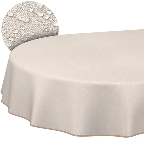 ANRO Tischdecke abwaschbar Damast Beige Grau mit Saum oval 240x140 cm | mit Saum eingefasst – Tischwäsche aus beschichtetem Stoff – schmutz- & wasserabweisend, pflegeleicht – waschbar bei 30 °C