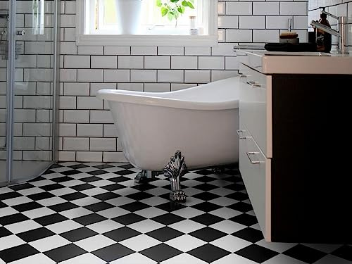 PVC Bodenbelag Vinylboden in diagonalem Schachbrettmuster schwarz - weiß, 14 x 14 cm, Zuschnitt (2m breit / 6m lang)