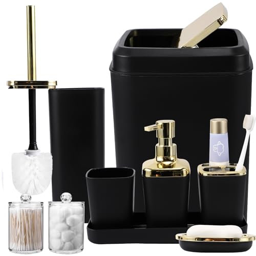 Ensemble d'accessoires de salle de bain noir et doré 9 pièces avec poubelle, plateau, distributeur de savon, porte-savon, porte-brosse à dents, gobelet à brosse à dents, brosse WC et porte-embout Qtip