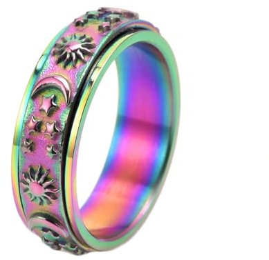 Mesnt Fidget Ring Edelstahl, 6MM drehbarer Sonnen-Mond-Stern-geprägter Spinnerring aus Edelstahl für Unisex Vielfarbig, Größe 60 (19.1)