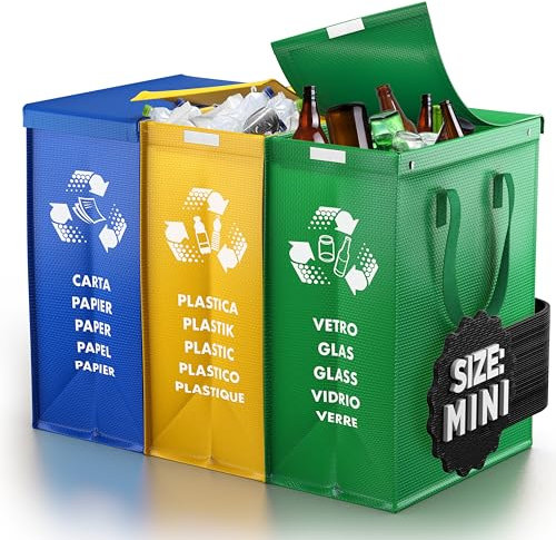 PTMS® Cubos de basura cocino MINI con TAPA - 3 Cubos de basura de reciclaje para vidrio, papel y plástico - Bolsas reciclaje en colores estándar - Papelera cocina fácil de vaciar