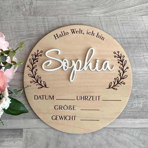Personalisierte Hallo Welt Holzschild mit Name und gravierte Blätter, Meilenstein Hallo Welt aus Holz, Babygeschenk Geburt, Geburtsanzeige Baby-Ankündigung Schild, Geschenk zur Geburt (Design 1)