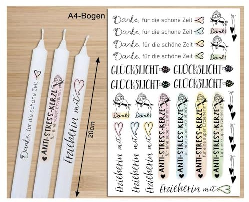 Kerzentattoos Erzieherin Geschenk A4 Kerzen Tattoo Kerzenfolie Abschiedsgeschenk Schiebefolie Dankeschön mit Herz Kerze Spruch Kerzenfolien mit Anti-Stress Sprüchen