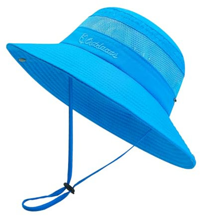 SEYUFN Damen Sonnenhut Outdoor Sommer Wanderhut Damen UV-Schutz Bucket Cap Faltbar Mesh Pferdeschwanz Breite Krempe Zum Safari Angeln (B-Kein Pferdeschwanzloch-Blau)