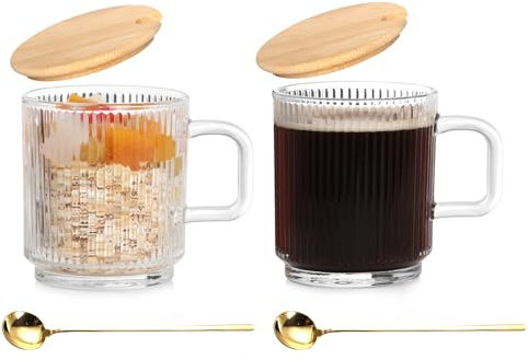 Anhow 2 Pièces Tasse a Cafe, 350ml Tasse à Café Expresso Verre Strié avec Cuillère et Couvercle Tasse de Petit-déjeuner pour Cappuccino Latte Céréales Yaourt Lait - Transparente