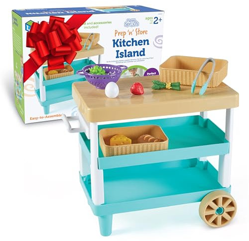 Learning Resources New Sprouts Prep ‘n Store Kitchen Island, Ages 2+, Toy Kitchen Accessories with 6 Pieces of Play Food Included