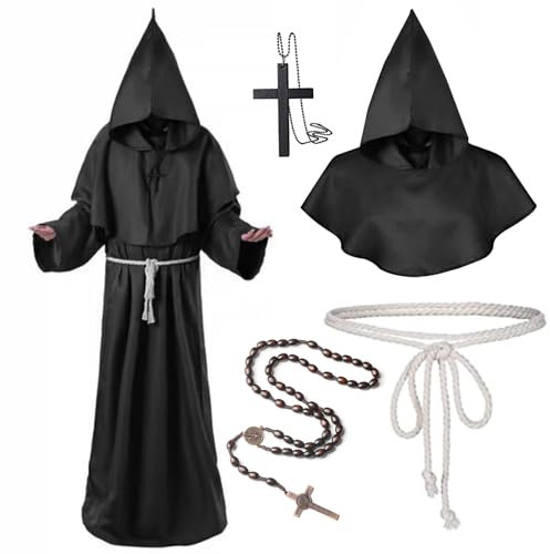 Mönch Kostüm Herren Kinder, Halloween Kostüm Mönch Set mit Mönch Robe, Kreuz-Halskette, Handschuhe, Kordel Monk Priester Costume Cosplay für Halloween, Karneval (Erwachsener (schwarz), M)