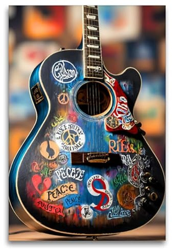 CALVENDO Leinwand · Love and Peace - kunstvoll bemalte akustische Gitarre | Traumgitarre · 120 × 80 cm hoch · Textil-Leinwand auf Keilrahmen · CALVENDO Leinwand