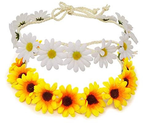 2Pcs White and Yellow Daisy Flower Headband Adjustable Sunflower Headband Crown Boho Flower Headband Floral Hair Wreath Boho Headpiece for Bridal Women Girls Hippie Wedding Party Beach Festival