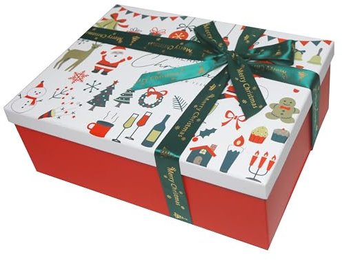 Weiße Weihnachts-Geschenkboxen mit Deckel, 270 x 210 x 105 mm, große leere Geschenkboxen für Geschenke, luxuriöse, stabile faltbare Pappschachtel für Geschenke, Weihnachtsfeierzubehör (1 Stück)