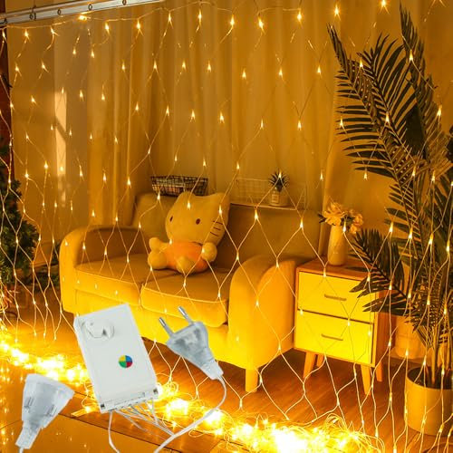 WDKXCN Outdoor Solar Net Lights, 3 x 3 m 320 LED Net Lights, IP44 Curtain Net Lights, Garden Fairy Net Light with 8 Modes for Christmas Garden Tree Fence (Warm White)
