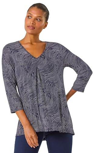 Roman Originals Leaf V Neck Stretch Jersey Top for Women UK Ladies Pleated Shirt Notch V Neck Blouse Summer Tunic Spring Pull-On Soft Evening Holiday Work Party Everyday - Navy Texture - Size 10