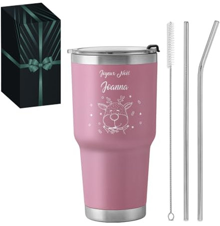 Maverton Mug Isotherme avec Paille en Acier Inoxydable Rose - Capacité 800 ml - Mug de noel avec gravure - Cadeau Personnalisé pour Noël - Idee Cadeau Femme Noel Noël