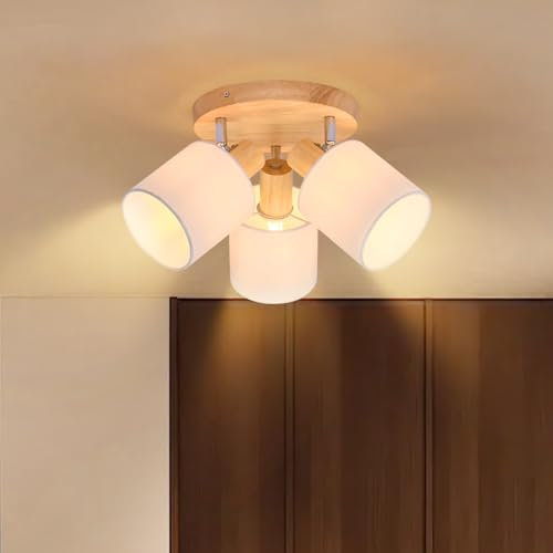Lichtmaler Deckenstrahler 3 Flammig Deckenleuchte Wohnzimmer - Deckenlampe Rund Holz Deckenspot E14 MAX 25W Vintage Schwenkbar 350° Landhausstil Schlafzimmer Küche Ohne Leuchtmittel