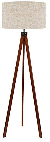 LEPOWER Wood Tripod Floor Lamp, Mid Century Standing Lamp, Modern Design Studying Light for Living Room, Bedroom, Study Room and Office, Flaxen Lamp Shade Brown Tripod