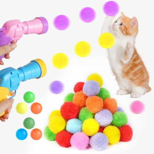OSDUE Katzenspielzeug, Filzbälle für Katzen 2 Katzen Ball Launcher mit 100 Bällen Interaktive Katzenbälle Weicher Plüschball Natürliches Spielzeug Spielbälle Leise und Sicher Cat Toy Ball