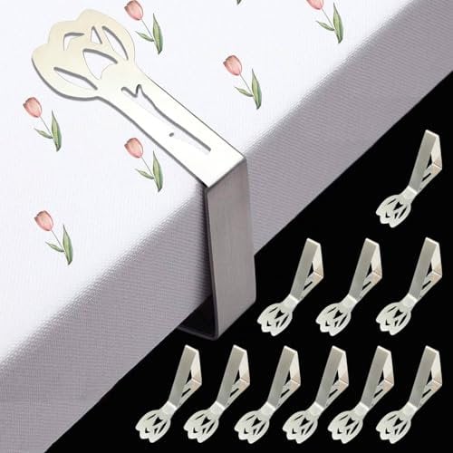 CUNGLIN Tablecloth Clips 10 Pack, Tulip Shape Picnic Table Cloth Holder Clip Outdoor Large Heavy Duty Stainless Steel Decorative Cover Clamp Pin for Party Wedding Restaurant Camping RV Accessories