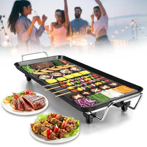 TEOV Electric Table Top Grill Smokeless Teppanyaki Grill 48x27cm Non-Stick with 5 Adjustable Temperature, Portable Electric Grill Plate for Party Camping Festival BBQ
