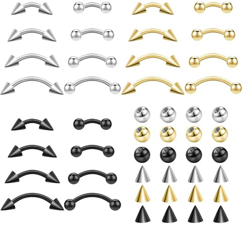 NEWITIN 48 Pieces Eyebrow Piercing Jewelry 16G Surgical Steel Curved Barbell Eyebrow Ring Vertical Labret Lip Jewelry Rook Daith Earrings Small Belly Button Ring for Women Men