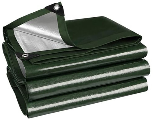 Lona impermeable resistente de 4 x 9 m con ojales, resistente a los rayos UV, lona verde/plateada para toldo, tienda de campaña, barco, caravana, cubierta de piscina, revestimiento de polietileno