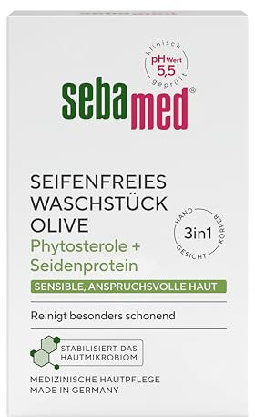 Sebamed seifenfreies Waschstück Olive 150 g, für die tägliche seifenfreie Reinigung sensibler, anspruchsvoller Haut, reinigt besonders schonend, zur Hand-, Gesichts- und Körperreinigung geeignet